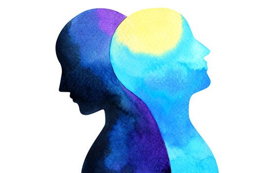 watercolor painting illustrating mental health with two heads leaning into each other in different shades of blue, yellow and purple - managing bipolar disorder and alcohol or drug addiction