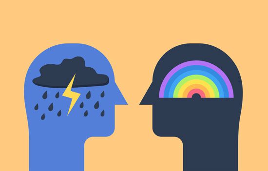 illustration of two heads - silhouettes - one with a storm inside their head and the other with a rainbow