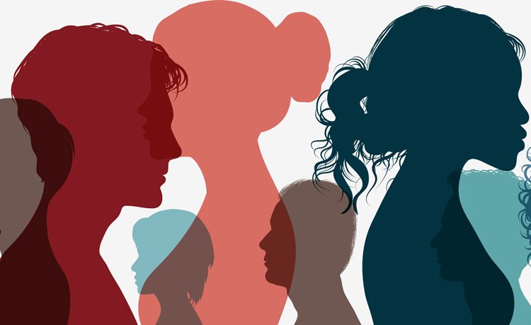 vector illustration of multiple people - colorful silhouettes from the chest up - mental illness