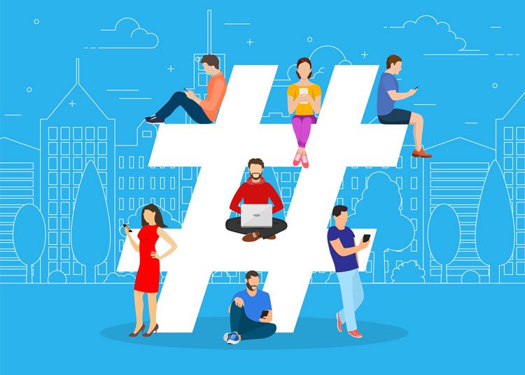 digital illustration - large white hashtag symbol with people using social media hanging around on it against a bright sky blue background